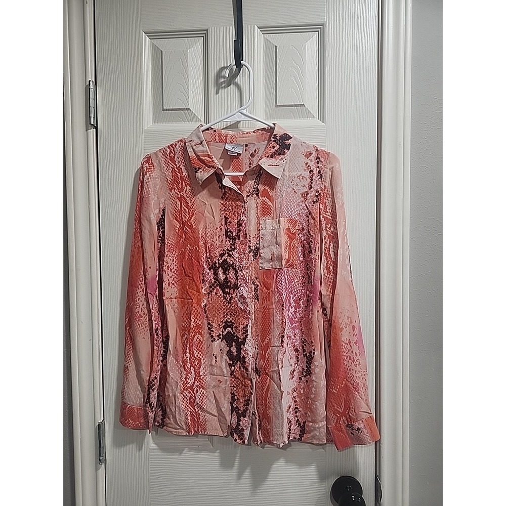Worthington Silk Blouse Womens Small Pink Coral Snake Print Button‎ Front